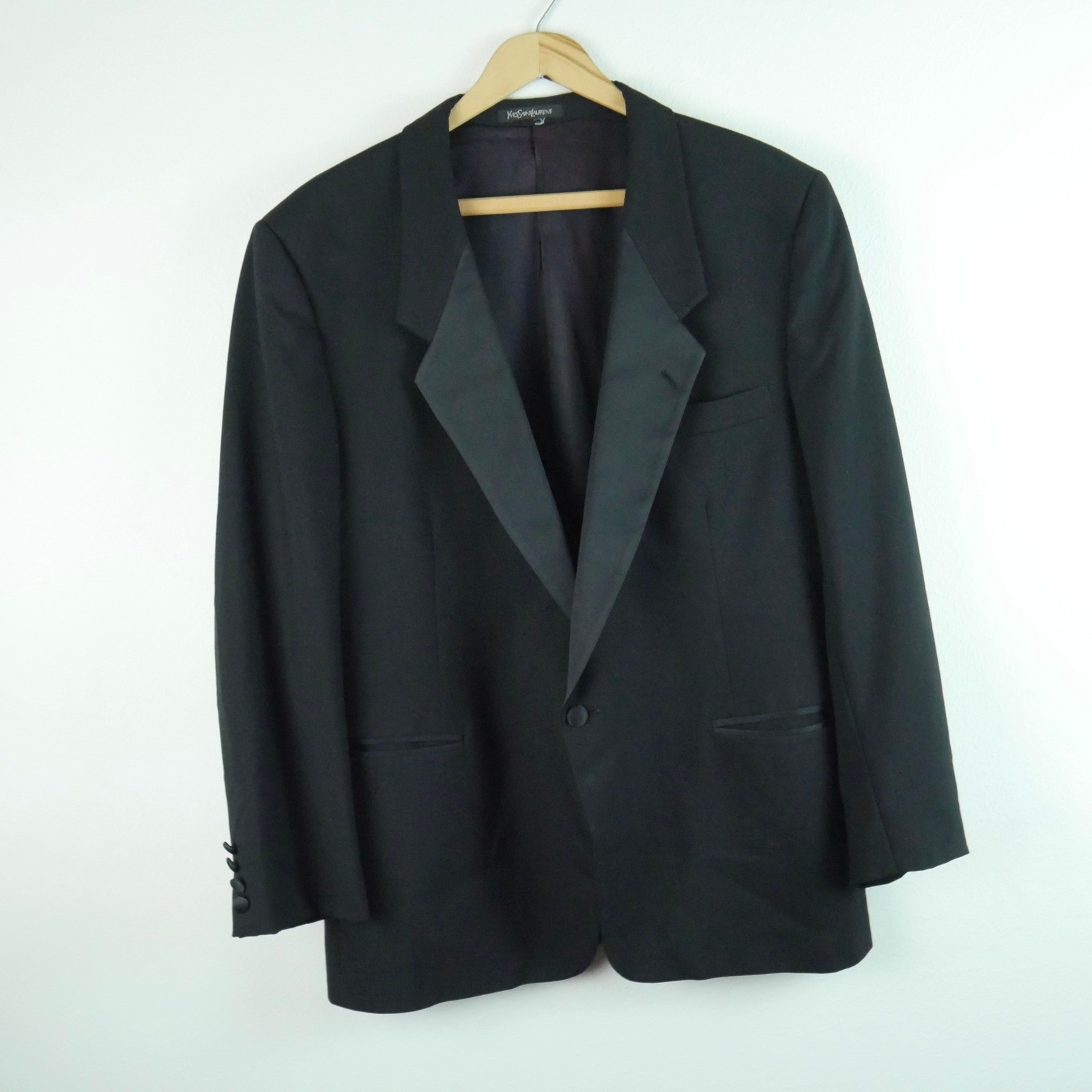 Yves Saint Laurent Mens Vintage Tuxedo Blazer Black Satin Peak Lapel 46S Jacket