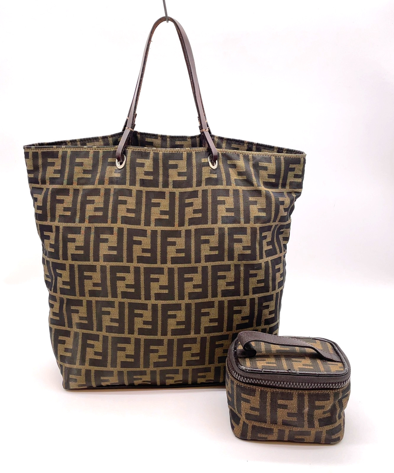 Auth FENDI Zucca FF Canvas Tote Bag + Makeup Pouch Brown Vintage Set NS081498