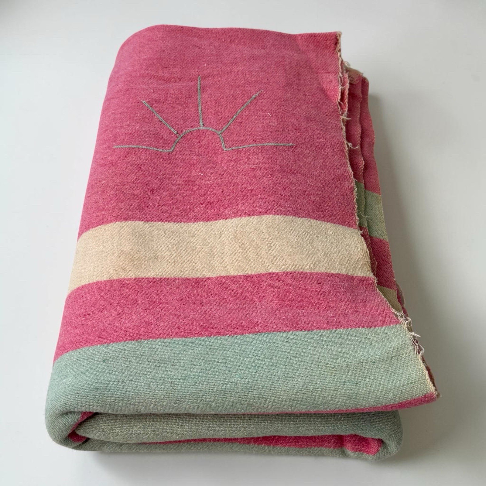 Baron Woolen Mills Vtg Wool Blanket Pink Aqua Striped 69x76 Throw Embroidered