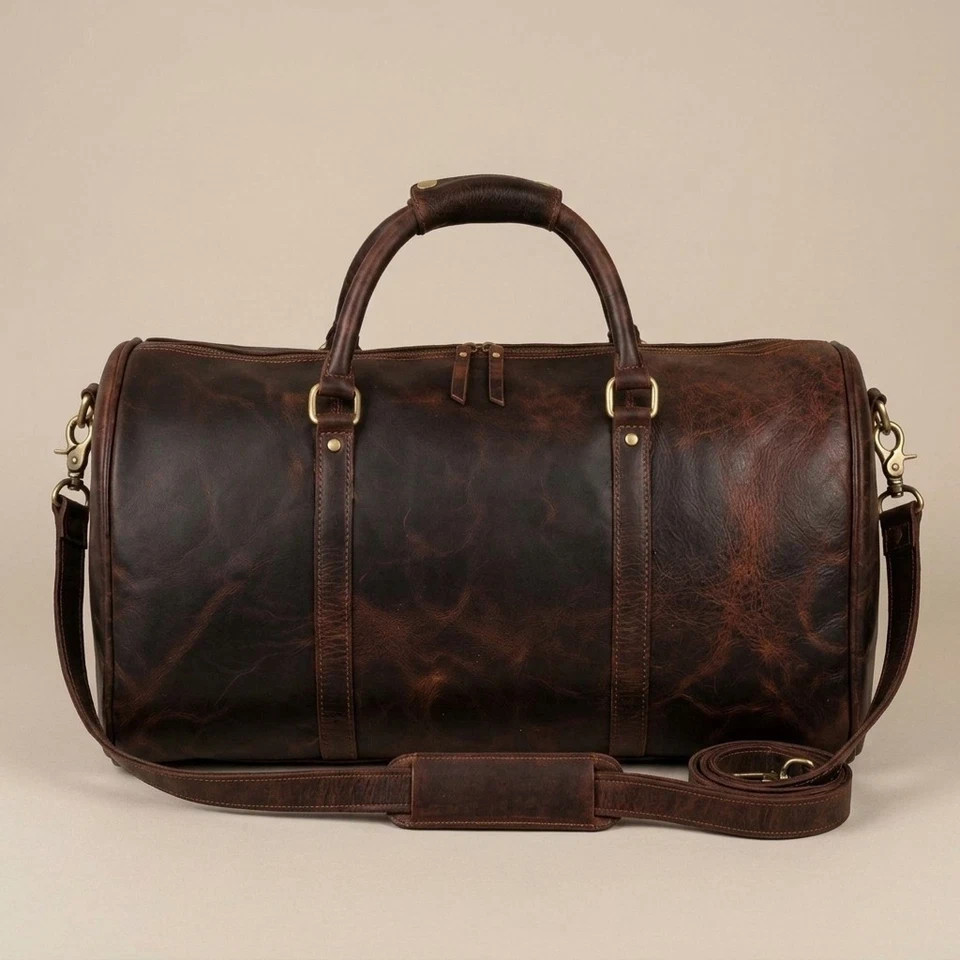 Vintage Buffalo Leather Duffel Bag Brown Travel Overnight Weekender Carry On