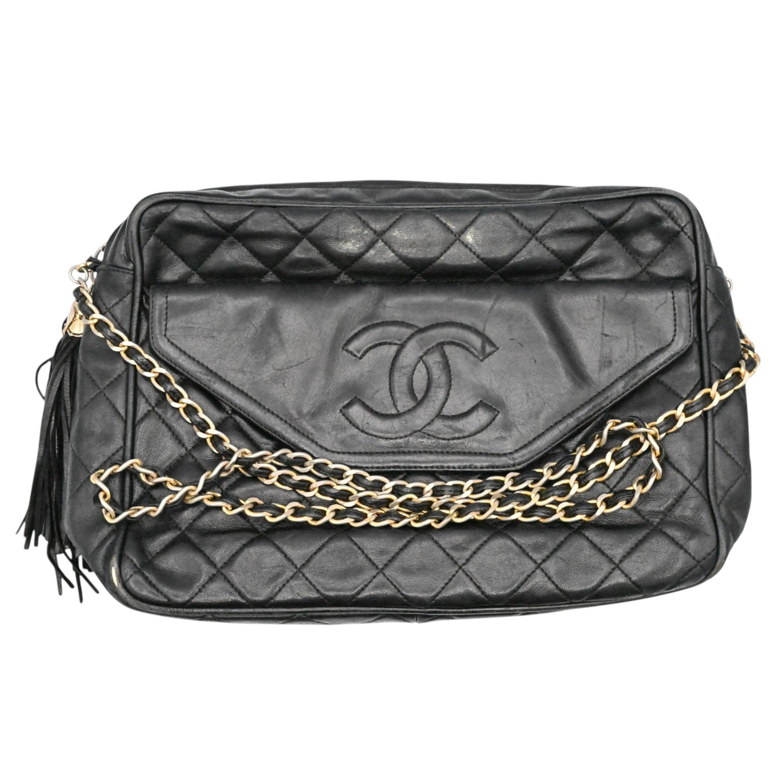 VINTAGE DESIGNER CHANEL MATELASSE QUILTED BLACK SHOULDER BAG W/ CHAIN STRAP