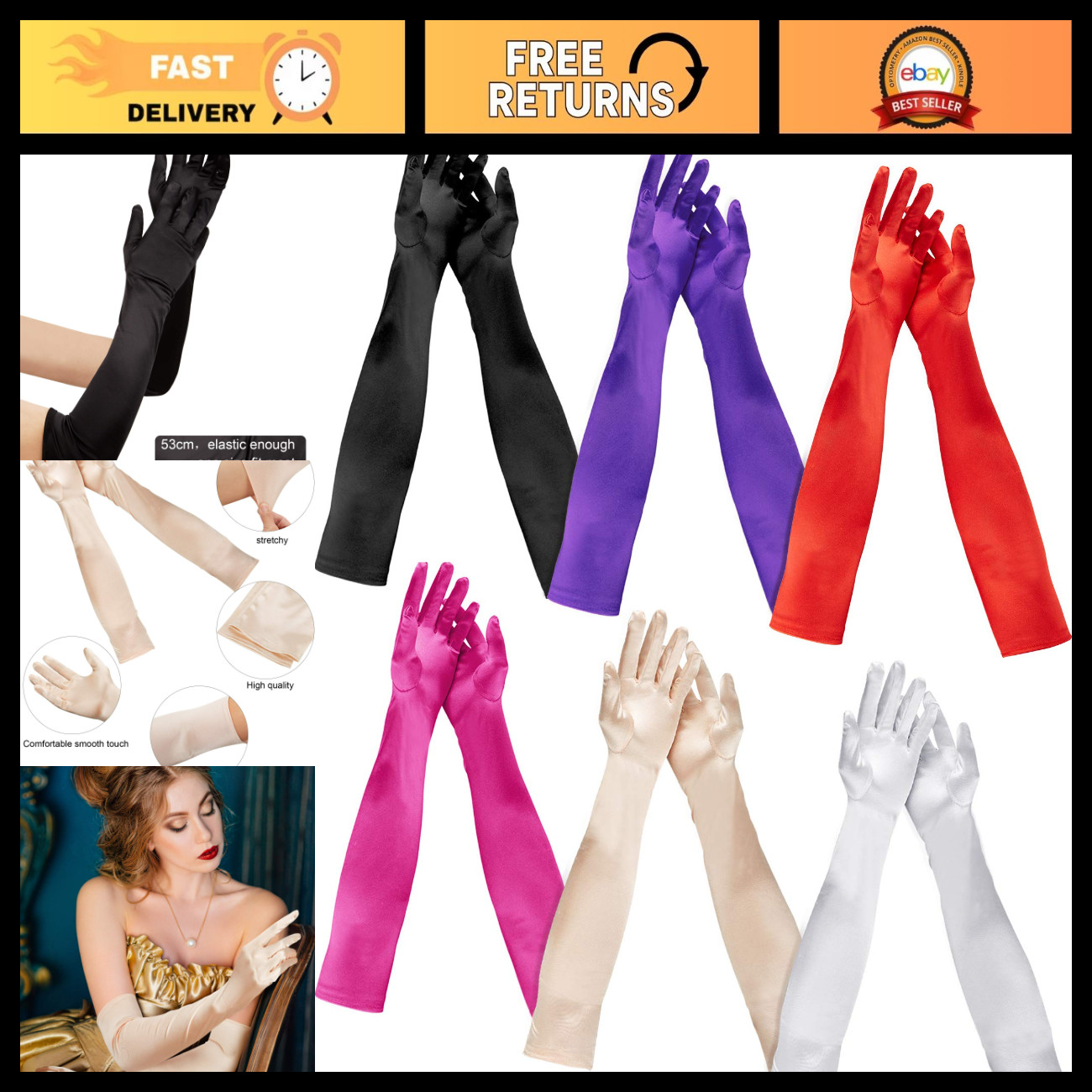 6 Pack Long Satin Opera Gloves - 1920s Vintage Style for Halloween - 6 Colors