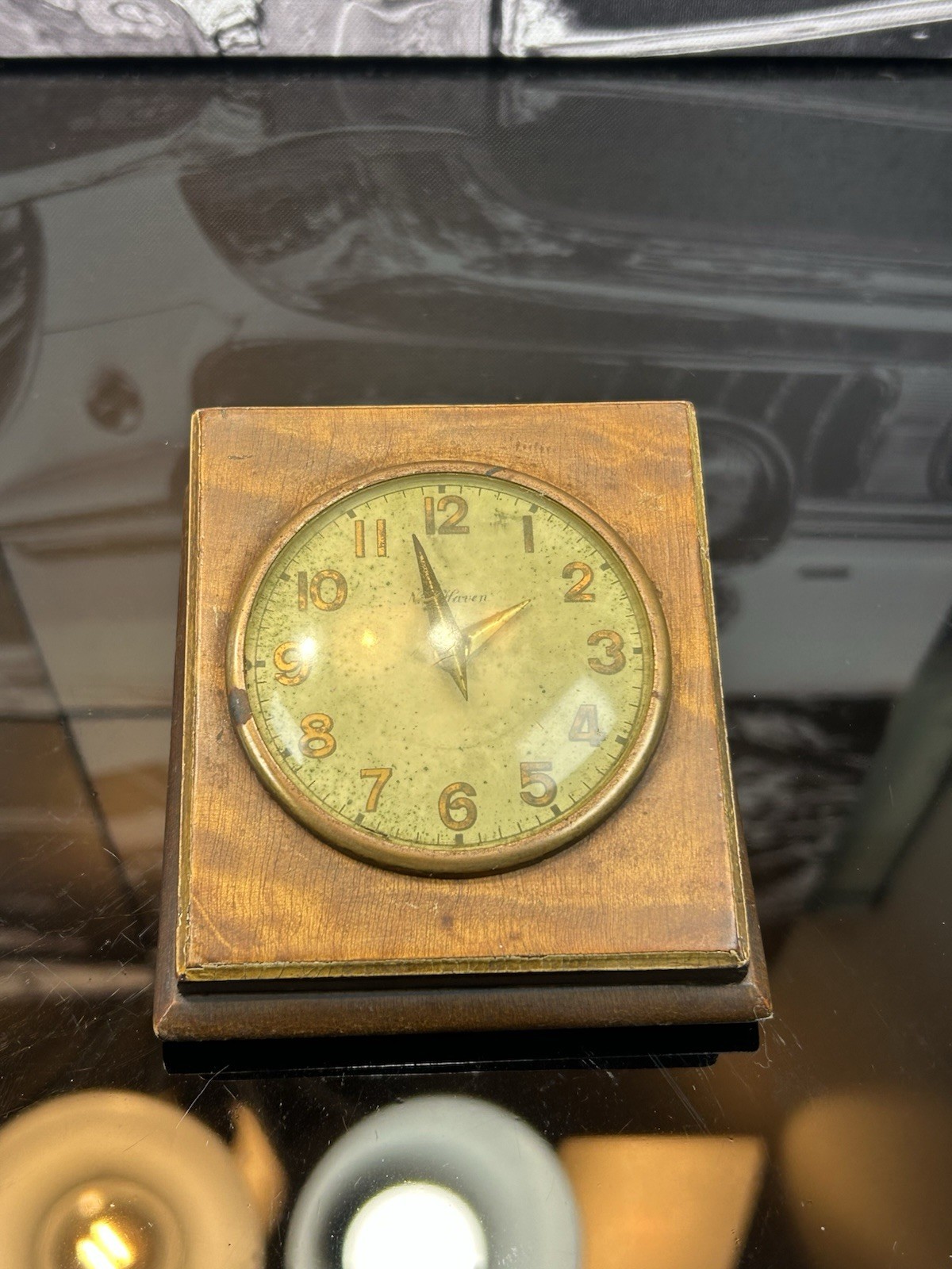 Vintage 1930s New Haven Art Deco Wood Desk Mantel Clock Square Case - Runs