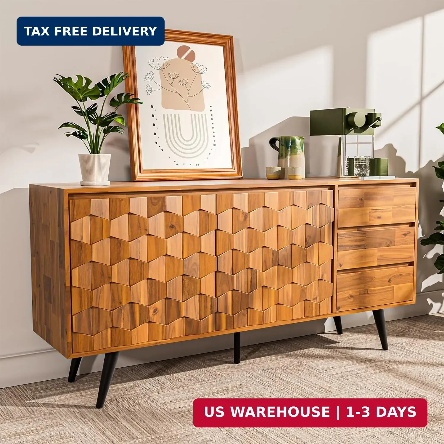 Georgina Sideboard 2 Doors & 3 Drawers, Mid Century, Teak Brown, 61"