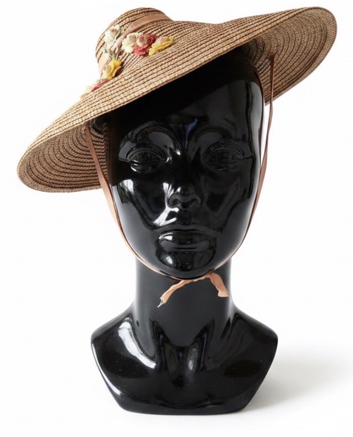 Vintage 1940s 1950s Women’s Straw Hat Wide Brim TINY CROWN Ribbon Tie Sideways