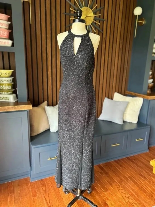 Vintage 90s Black Sparkle Maxi Size 8 Glam Old Hollywood Style