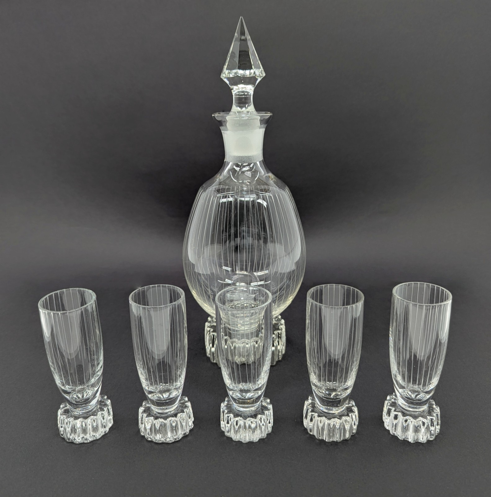 Vintage Art Deco Machine Age Cut Glass Decanter Set with Five Cordial Glasses