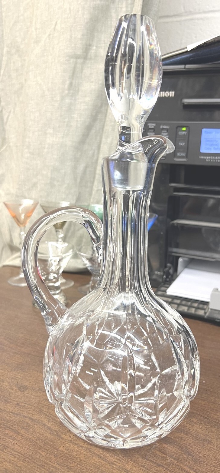 Heavy Vintage Ewer Style Handled Crystal Decanter with Stopper 13-1/2"