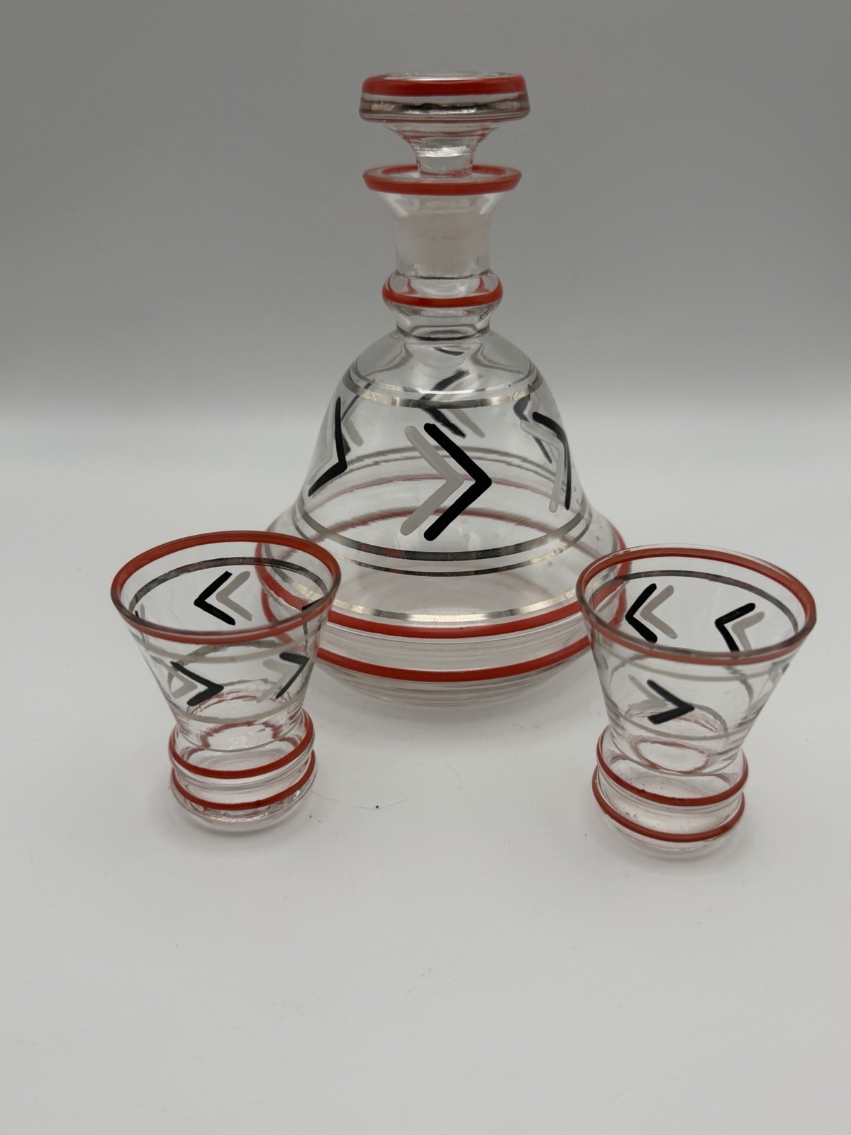 Vintage Art Deco Enameled Glass Decanter Set 2 Cordial Glasses Chevron