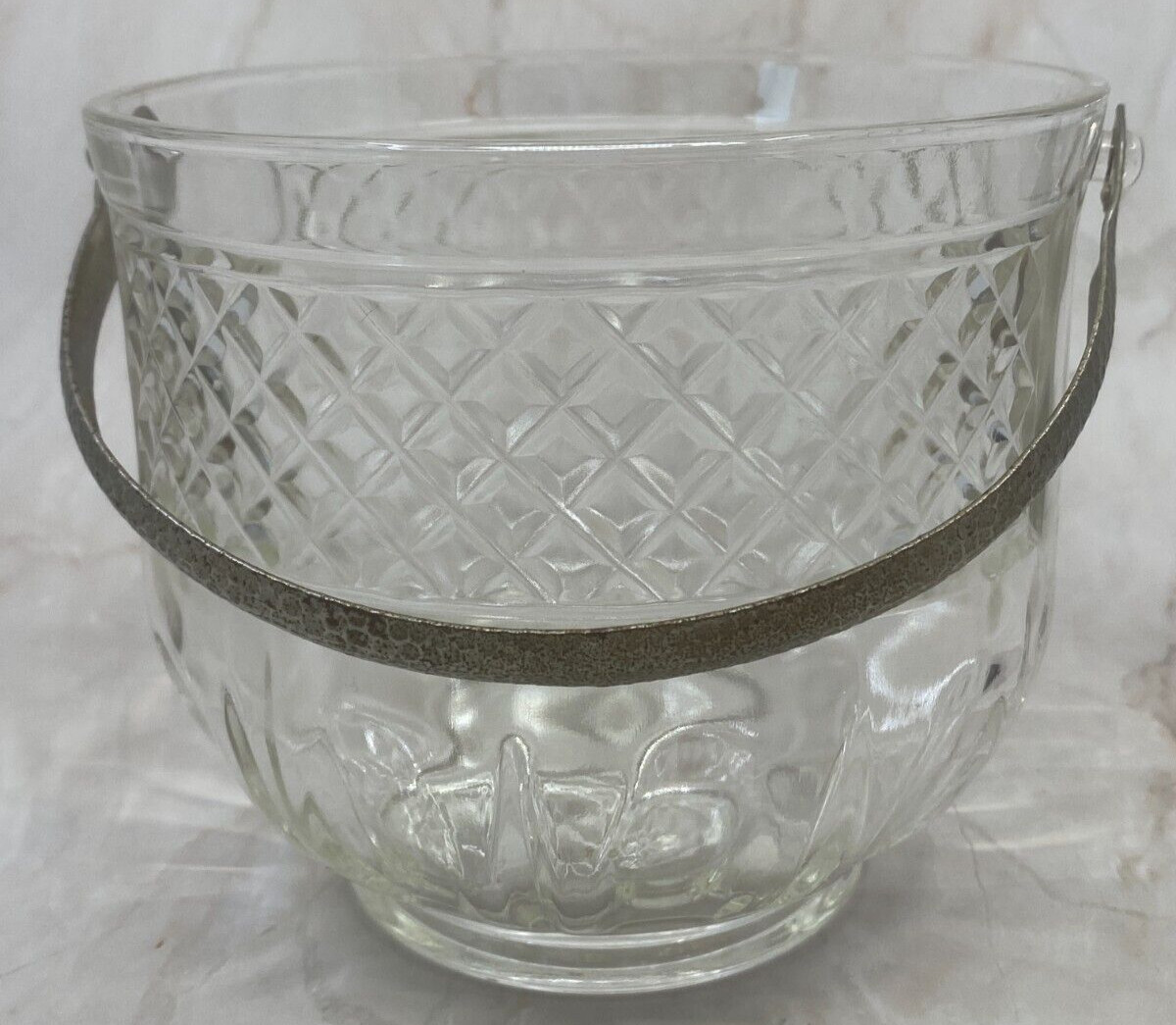 Vintage Ice Bucket Clear Glass with Hammered Metal Handle 5.25 inches Height