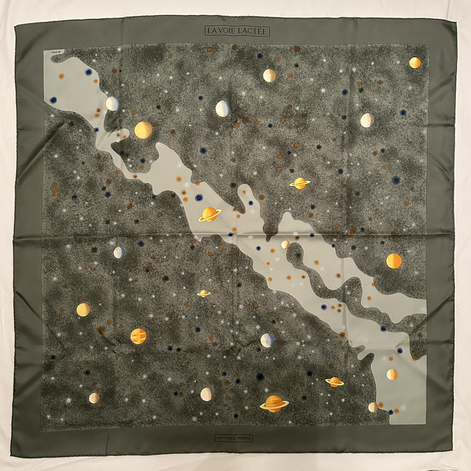 HERMES Carre 90 Silk Scarf "La Voie Lactée" Square 34" Sage green vintage