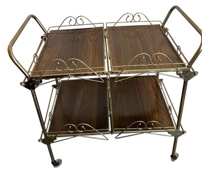 Mid Century Modern Regency Brass Walnut 2-Tier Serving Bar Cart Vintage