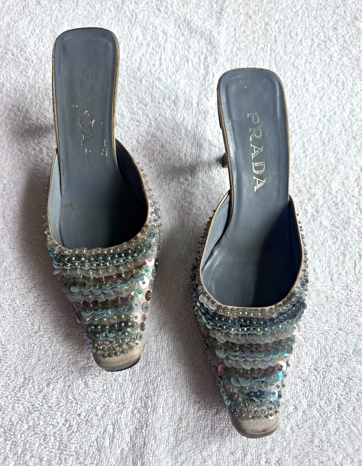 Vintage PRADA Women’s Silver Sequin Beaded Square Toe Kitten Heel Mules 36.5