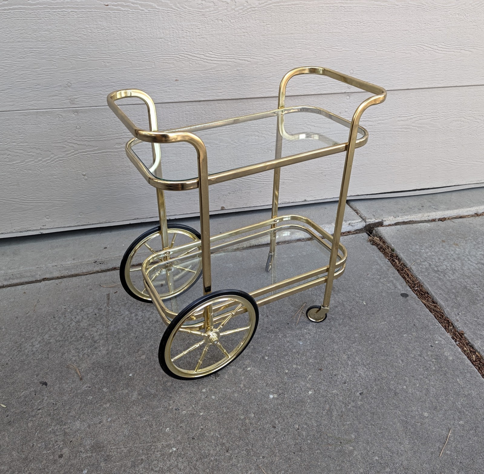 Vintage MCM Hollywood Regency Brass Tone 2-Tier Bar Serving Cart Tea Trolley H94