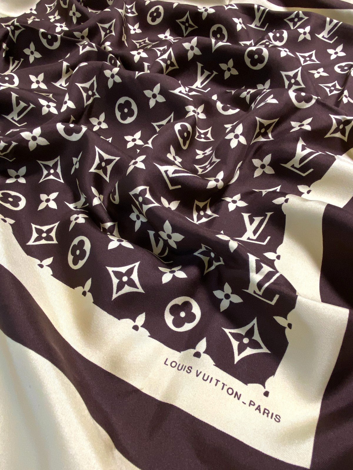 LOUIS VUITTON Silk Scarf 30in Vintage Monogram Logo Brown Ivory France 93