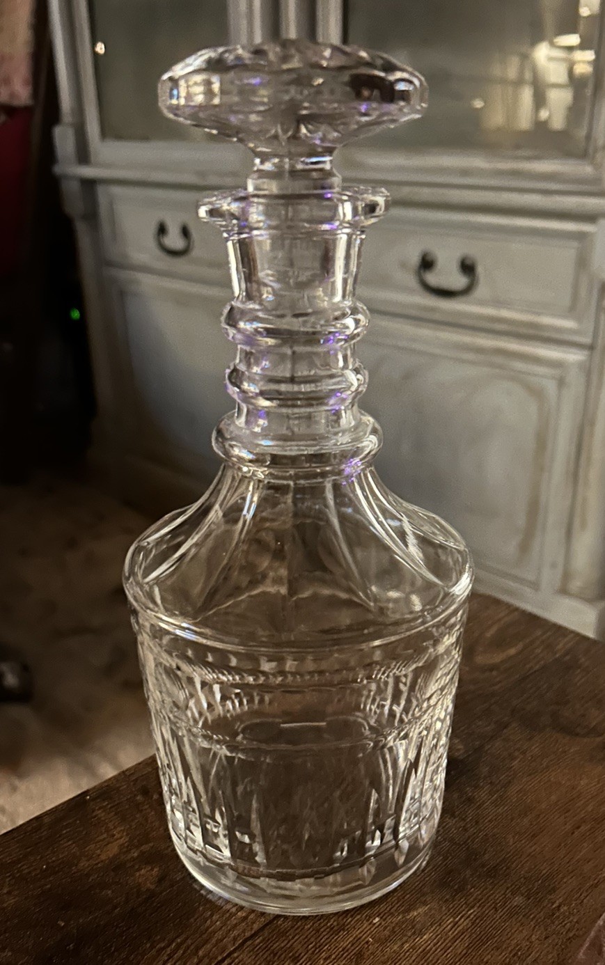 Vintage Crystal Decanter ~ 3 Ring Neck crystal Liquor Bottle ~ Original Stopper 