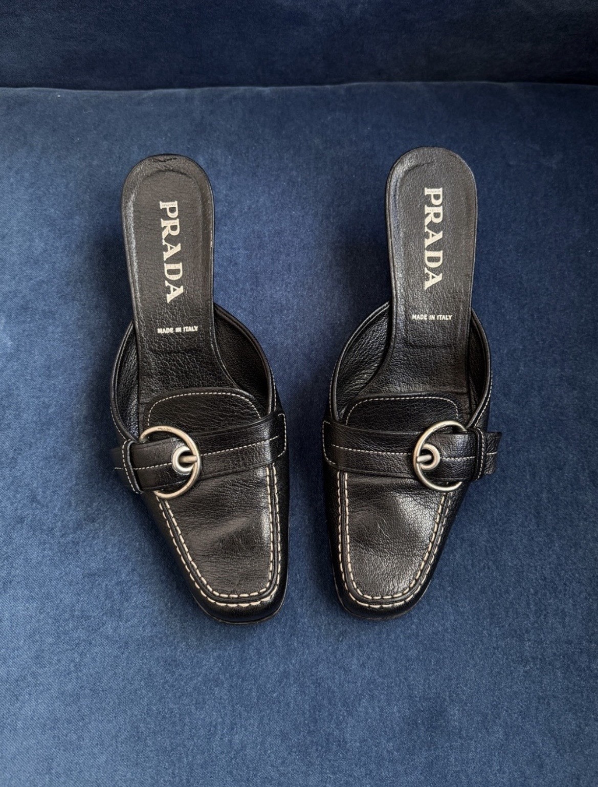 Vintage 90s Prada mules kitten loafers buckle black 38.5 1990s