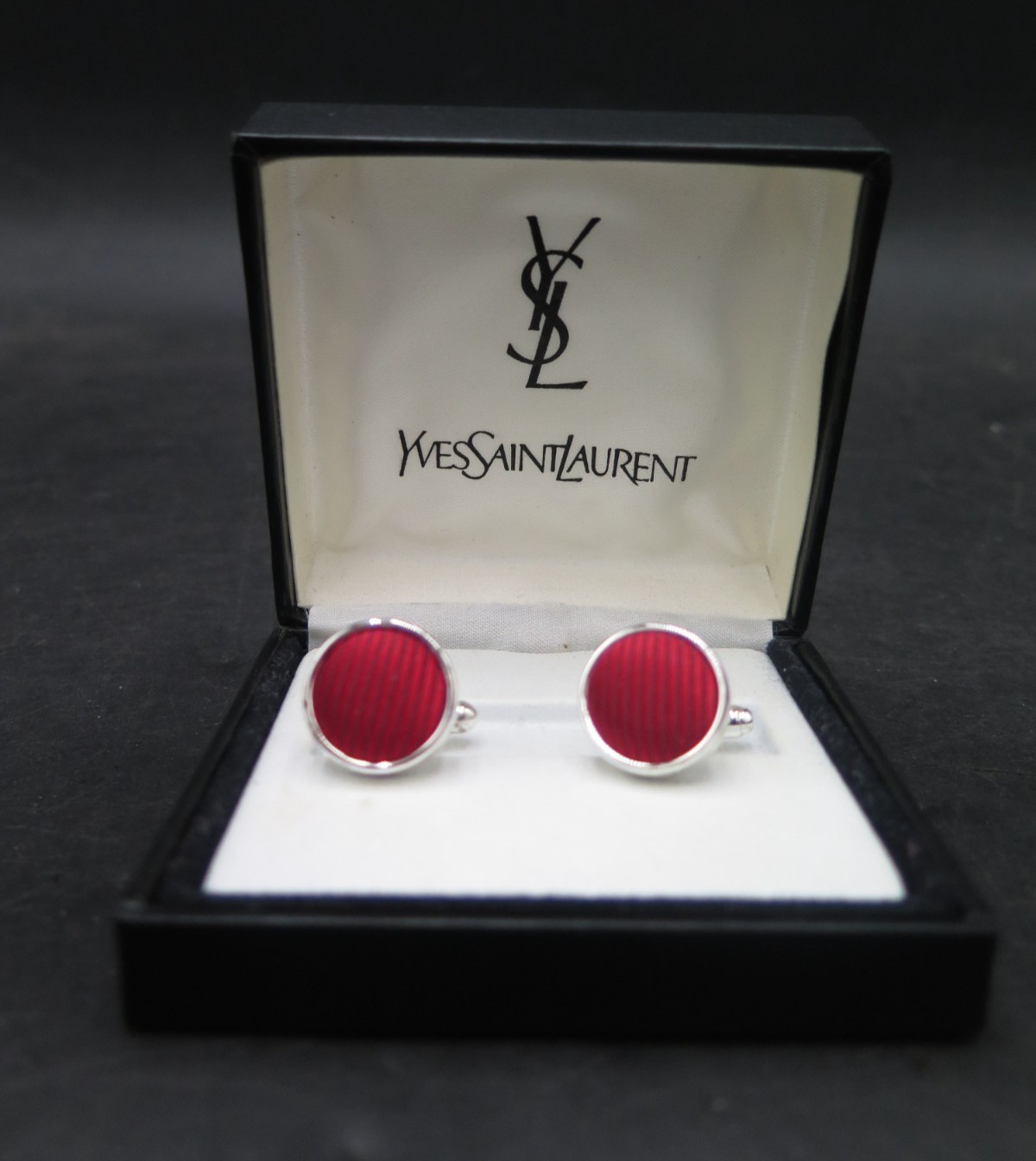 Vintage Yves Saint Laurent YSL Cufflinks Silver Tone Red Enamel Ribbed Round Box