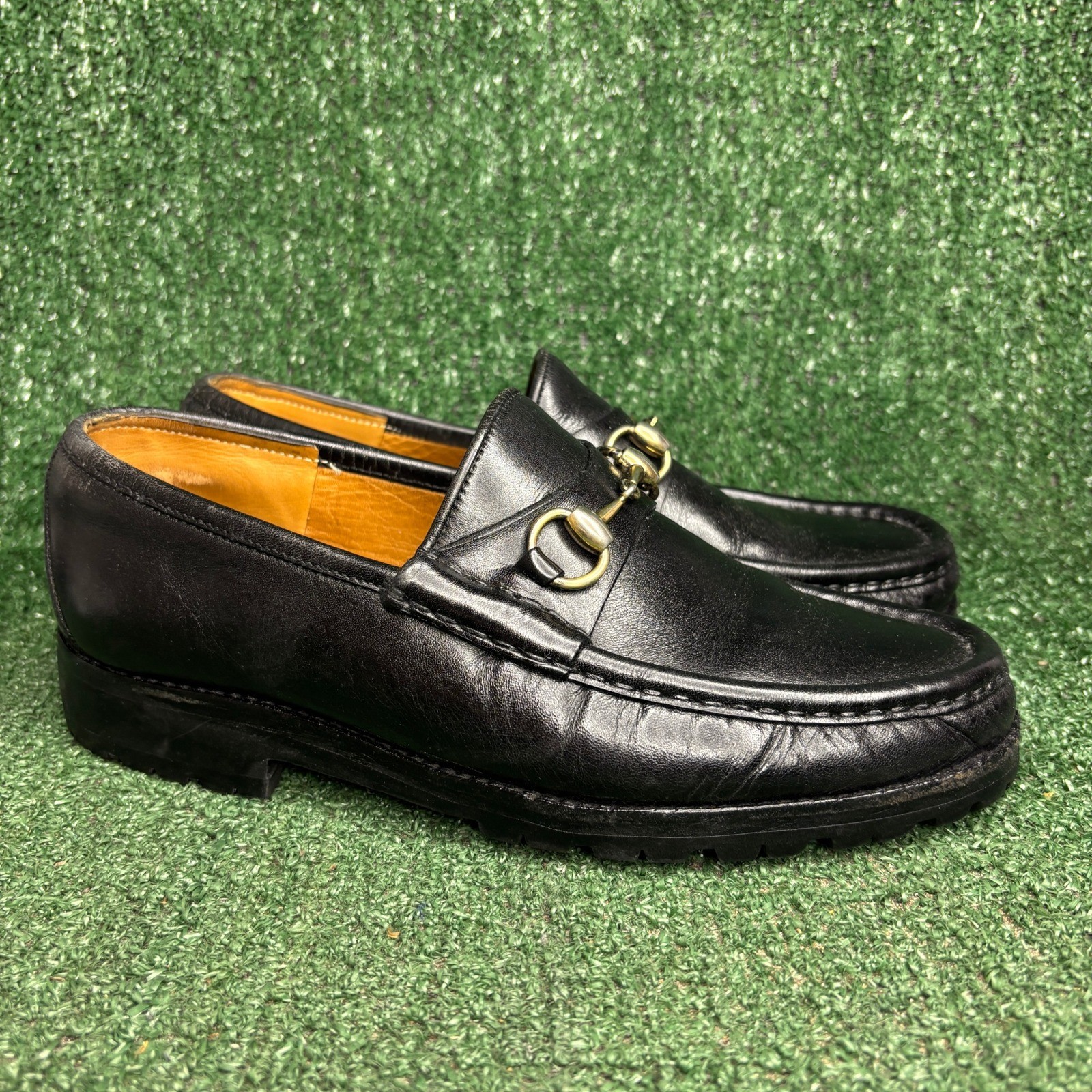 Gucci Horsebit Vibram Lug Sole Leather Vintage Classic Loafers Black Mens Sz 8 D