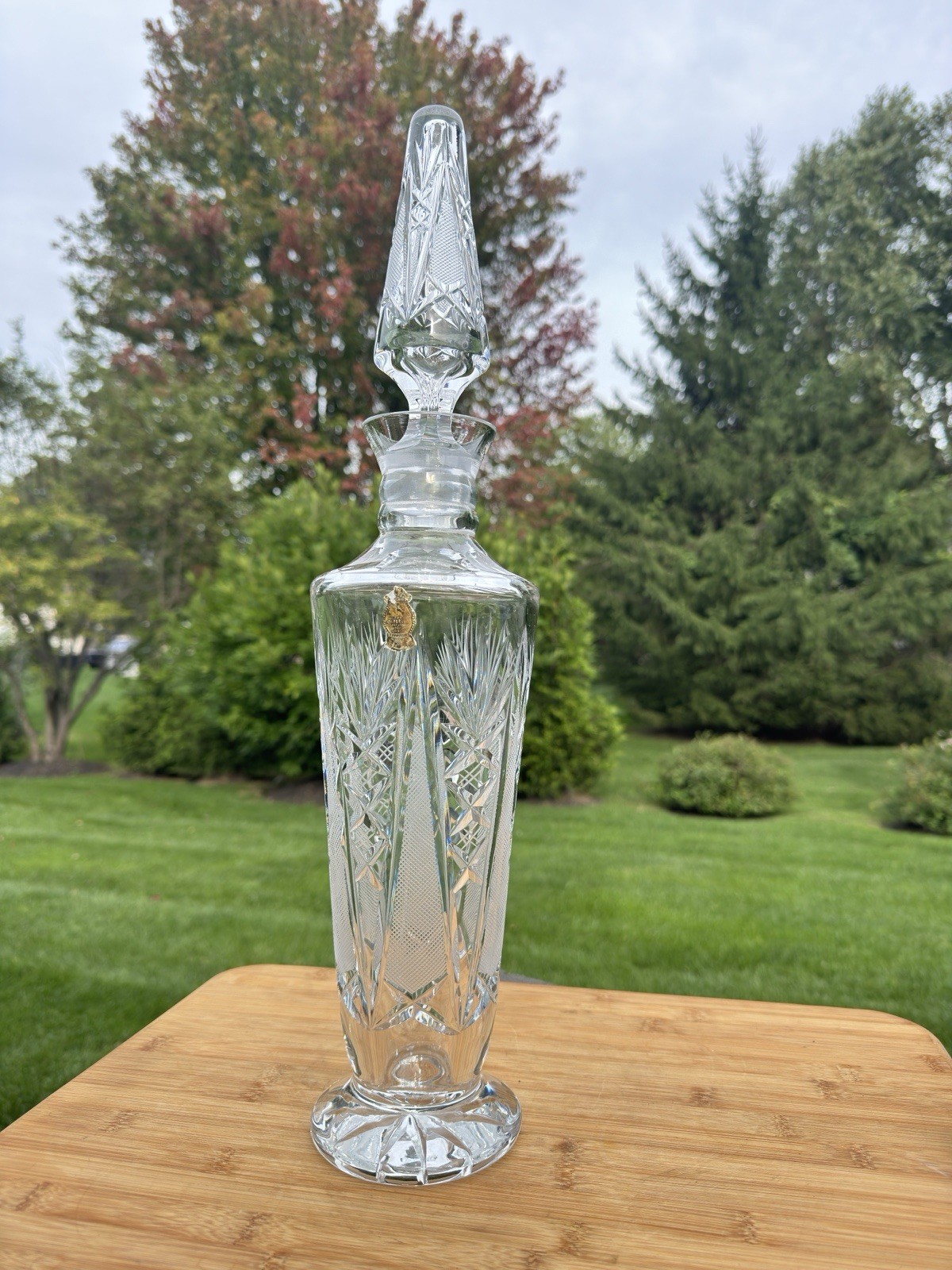 VTG Imperlux Cut Crystal Decanter Tall 19.75” Ornate Stopper Heavy Lead Crystal