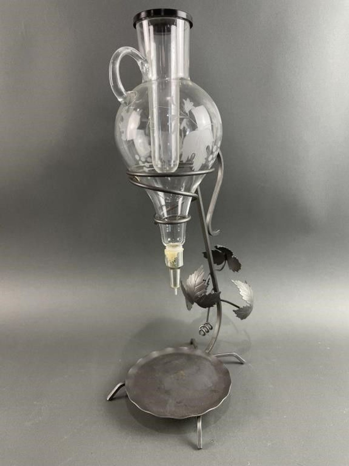 Vintage Italian Crystal Wine Decanter Dispenser Etched Glass Wrought Iron
