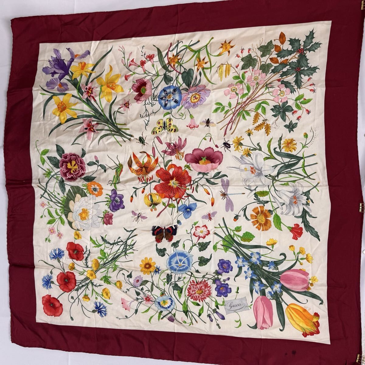 GUCCI Old Gucci Flora Flower Pattern Large Silk Scarf Burgundy Multi-Color 84x86