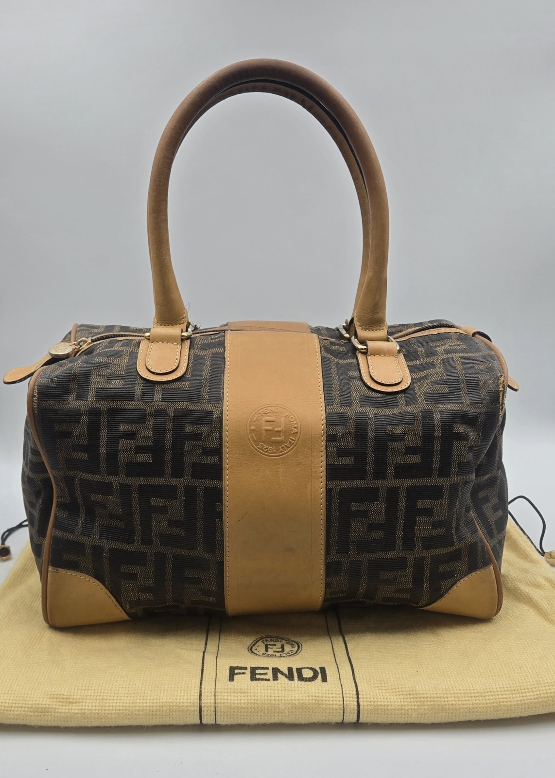Fendi Zucca FF Boston Doctor Bag Vintage 80s Tan Brown Canvas