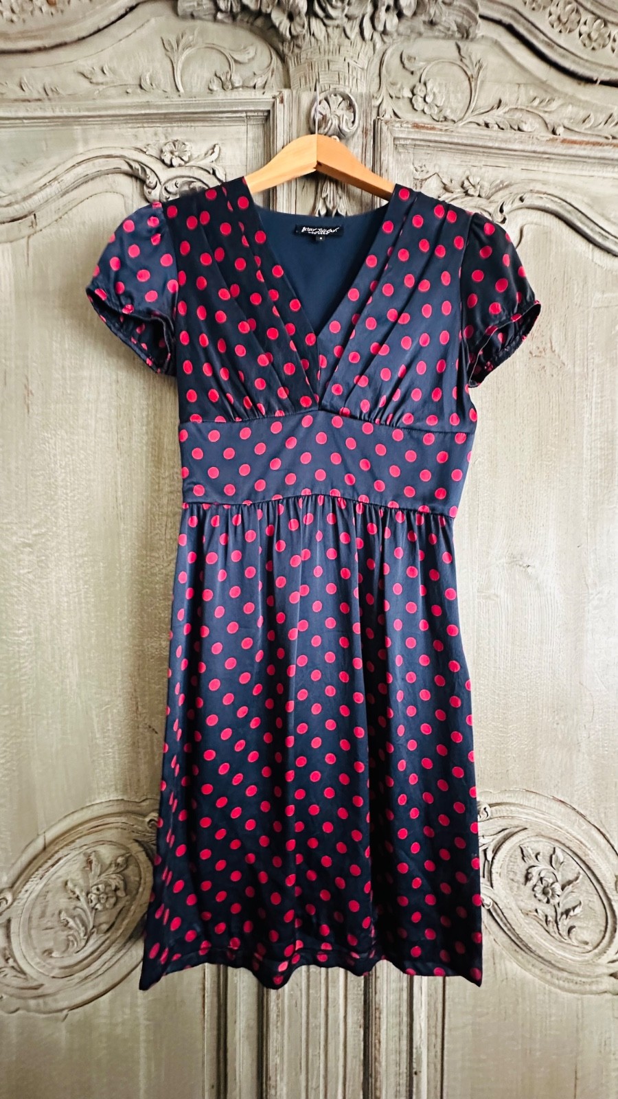 Betsey Johnson Women's Dress Silk Cap Sleeves Polka Dot Navy Red Short Vintage 4