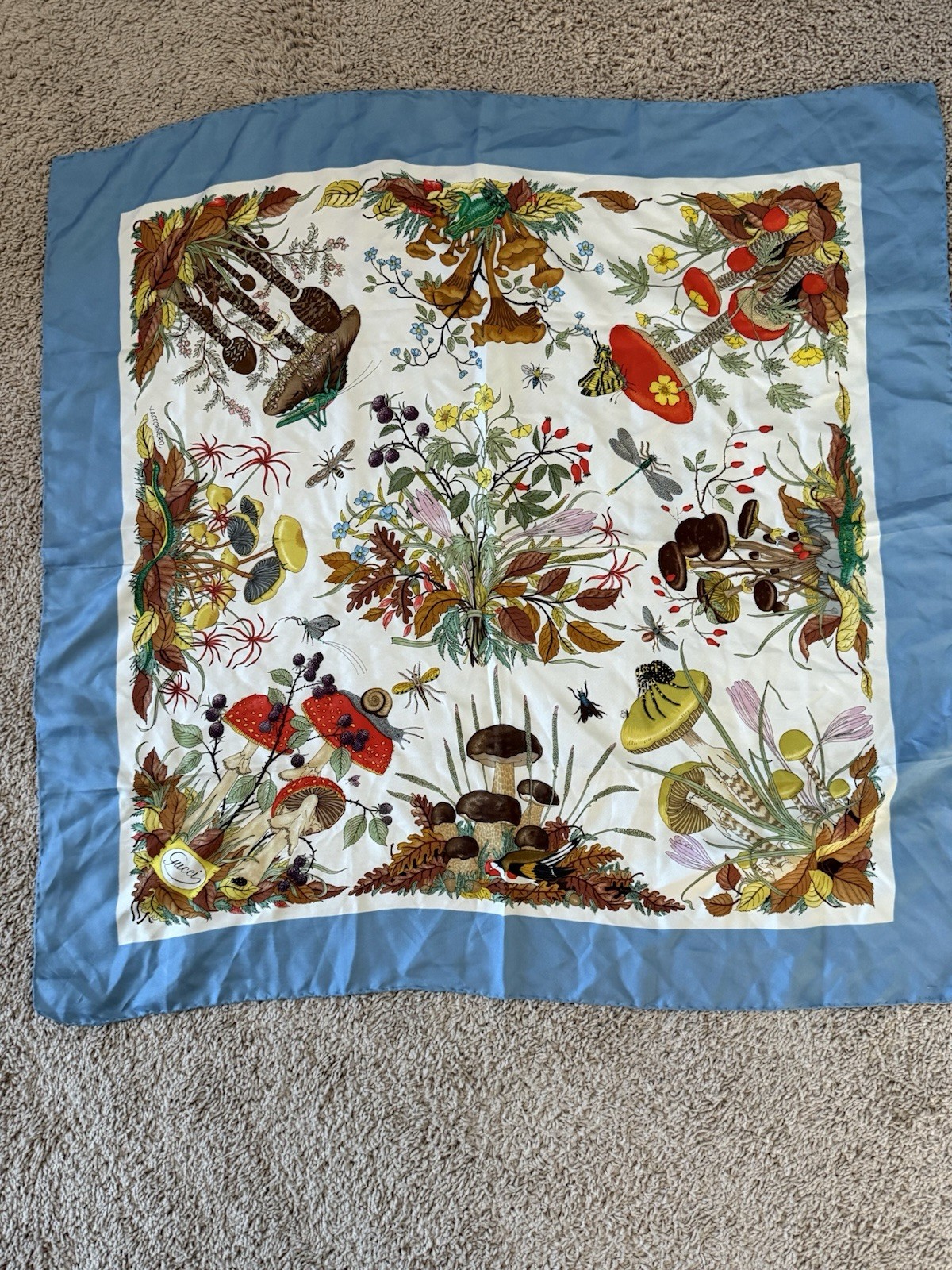 VINTAGE GUCCI 100% Silk Scarf Mushroom Theme