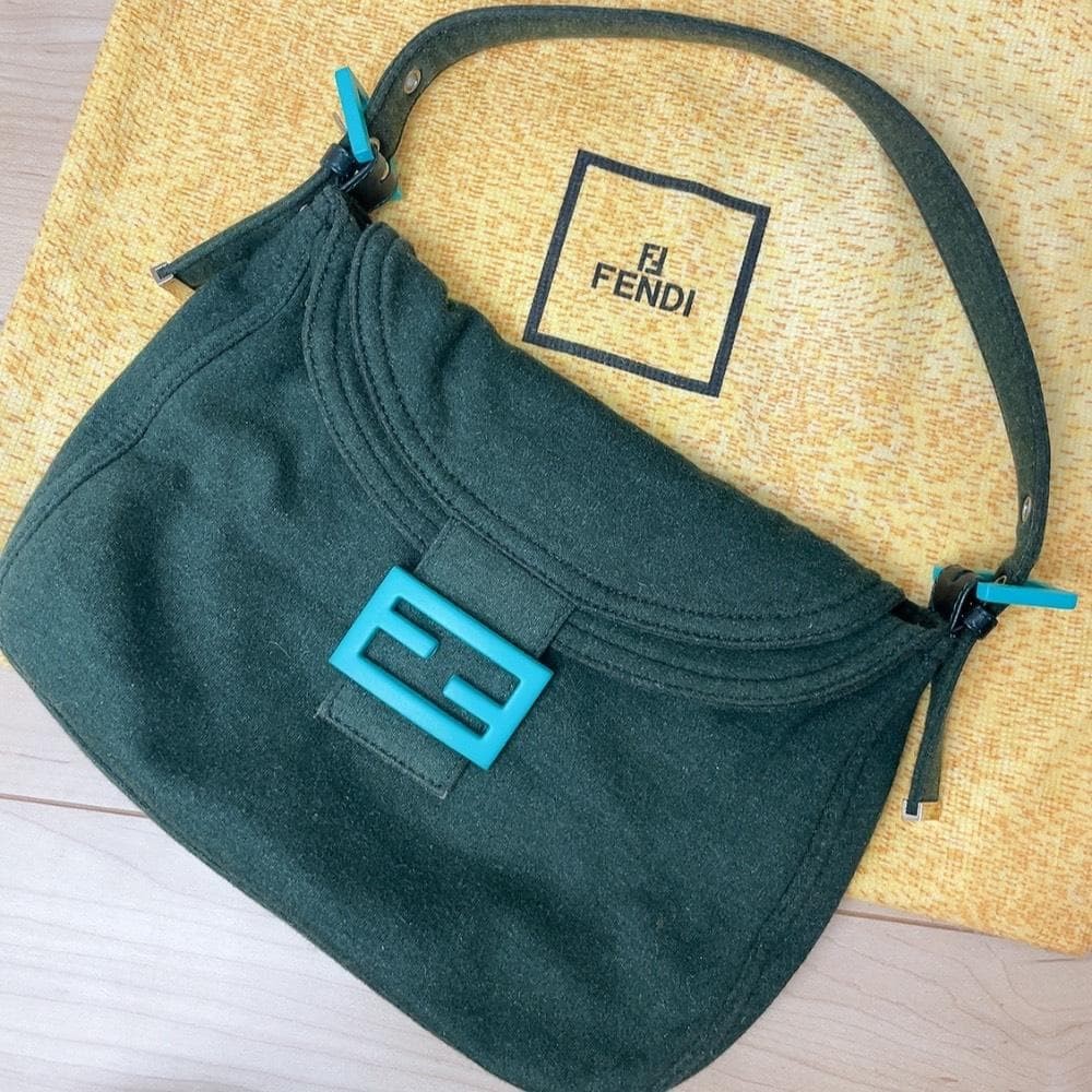 FENDI Mamma Baguette Jersey Shoulder Bag Green Turquoise FF Buckle Vintage Japan