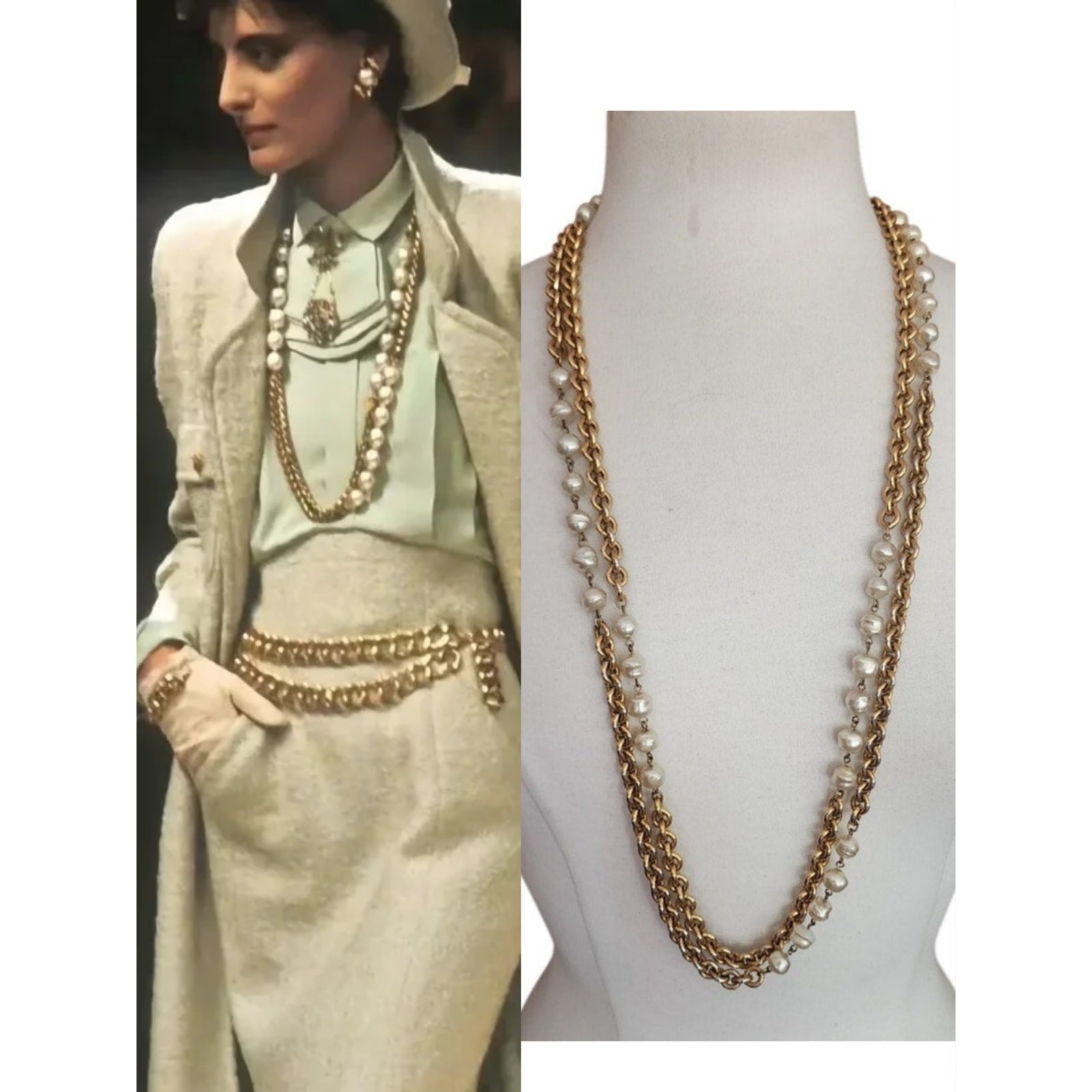Vintage 1984 Chanel Necklace Gold Chain Baroque Pearl Couture Runway Lagerfeld