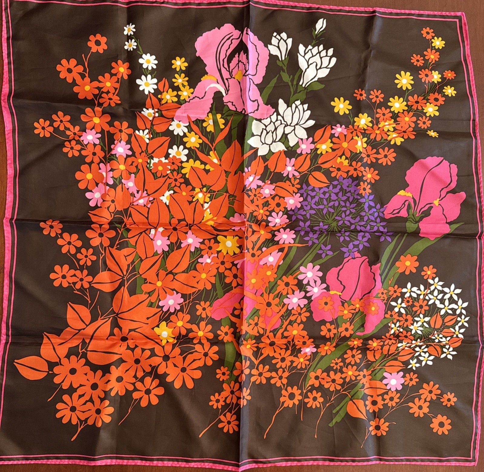 Vtg Silk Twill Scarf Fall Colors Brown Orange Gold Floral 22x22” Hand Rolled 105