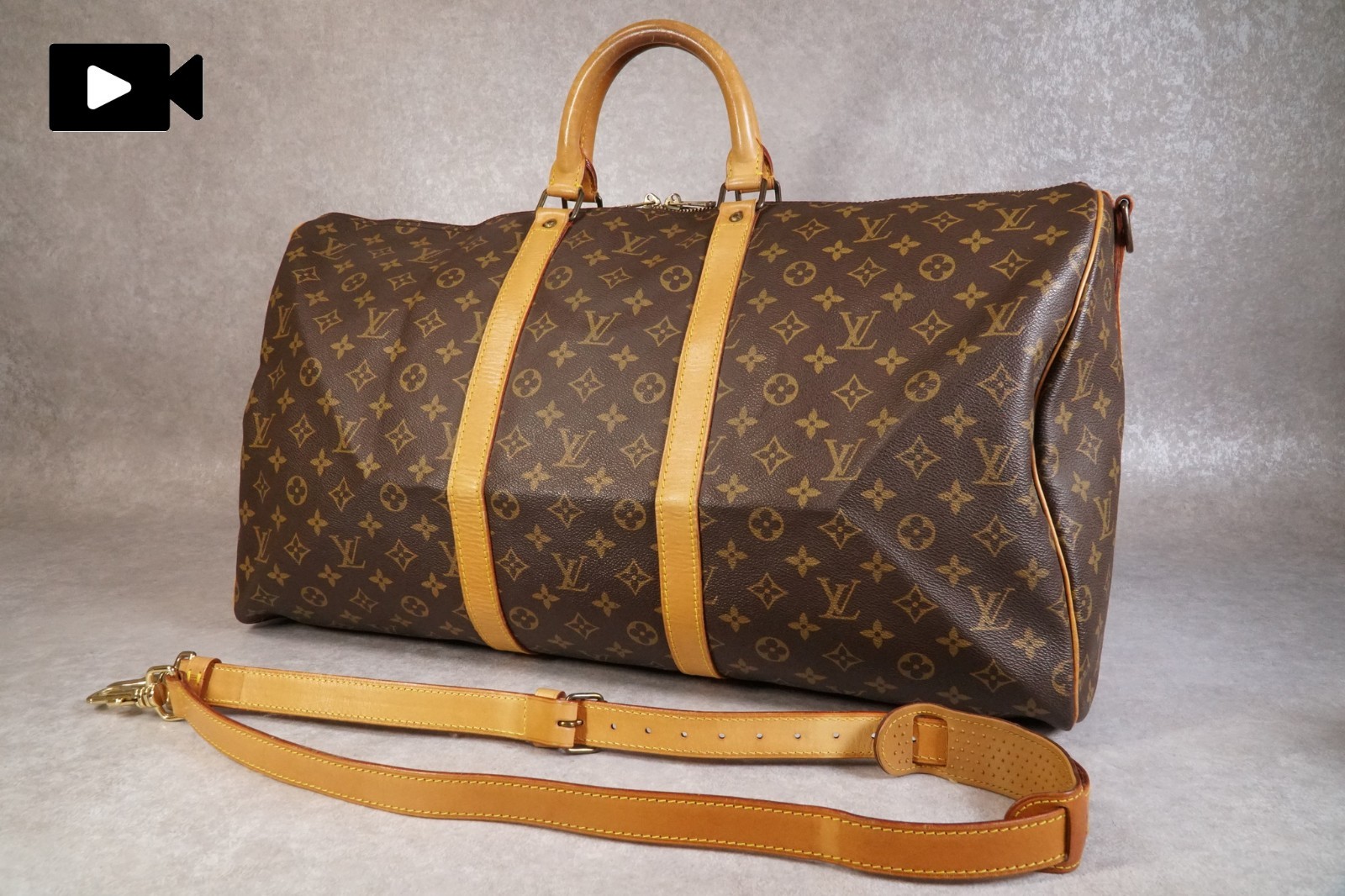 LOUIS VUITTON Monogram Keepall Bandouliere 55 Boston Travel Bag w/Strap Vintage