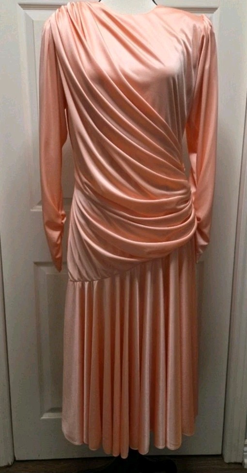 Fab Vintage sz 11 Peach Draped Ruched Wrap Cocktail Long Sleeve Midi Dress  