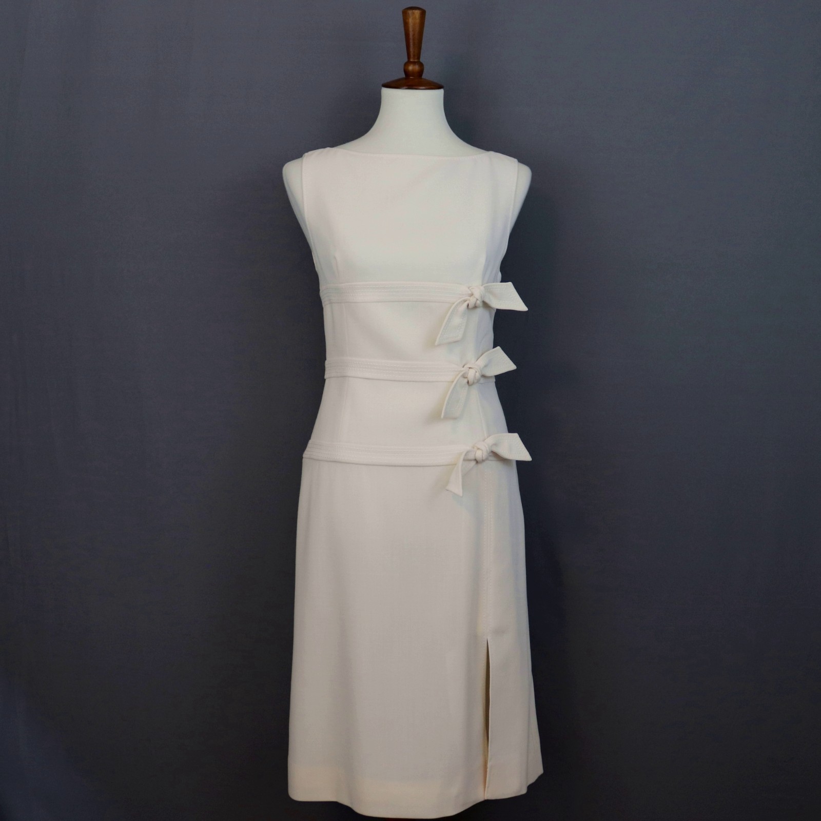 Valentino Vintage Dress Sz 8 Italian Wool Bridal Ivory White Side Tie Bow Knot