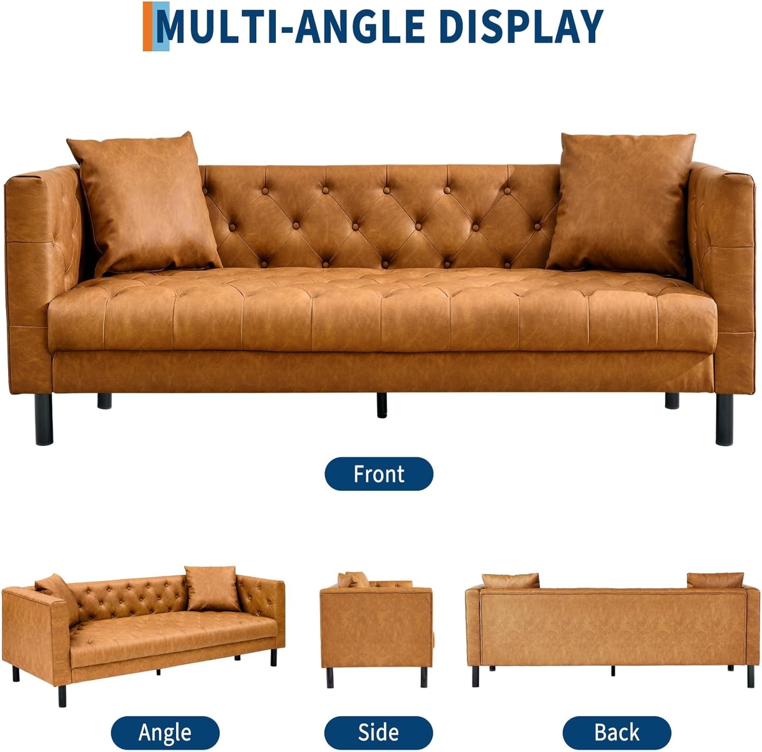 Sofa 3 Seater Leather Sofa Vintage Mid-Century Button-Tufted 81" Couch🔥