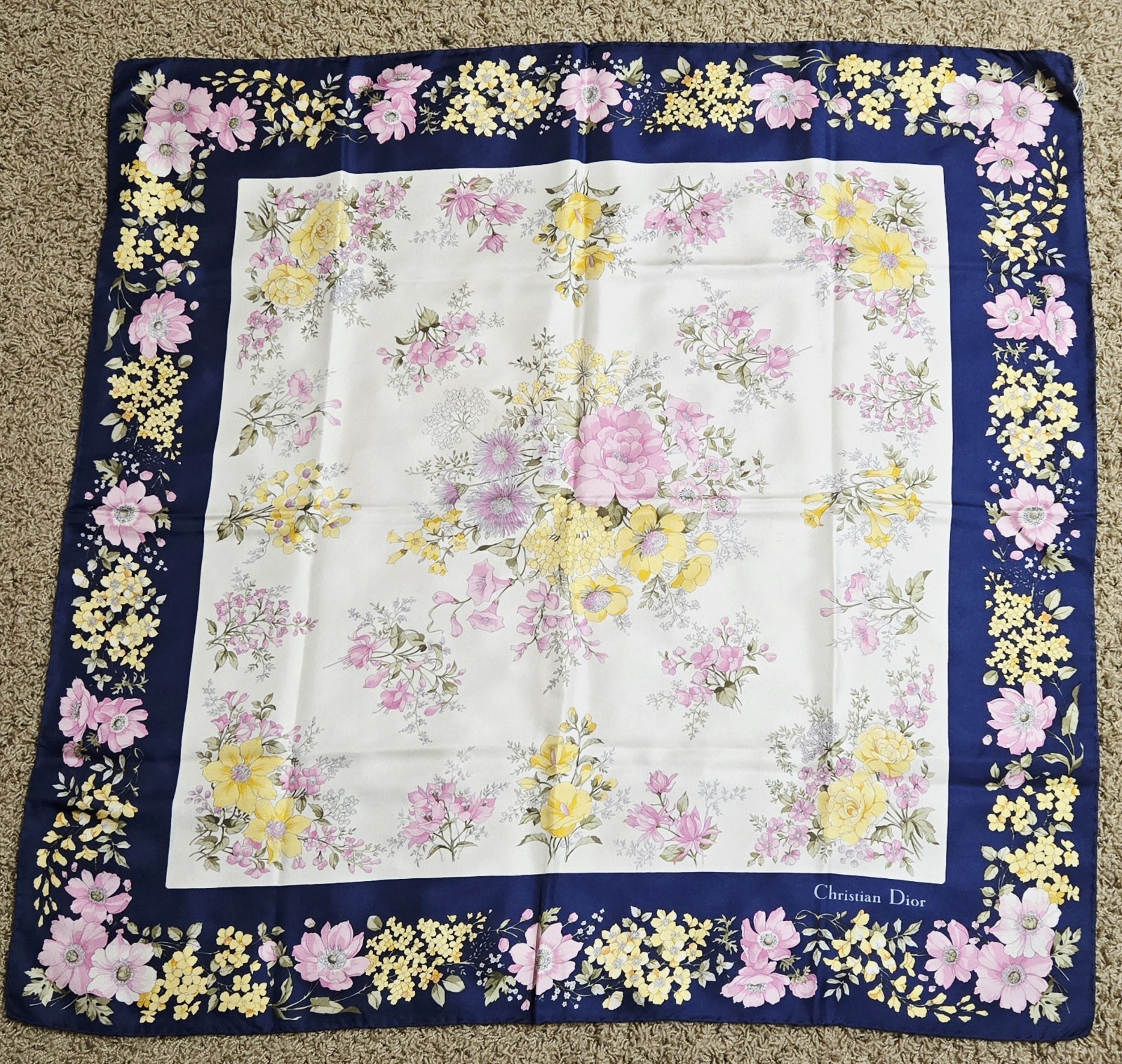 Vintage Christian Dior Silk Scarf With Navy Border With Pink And Yellow Flowers