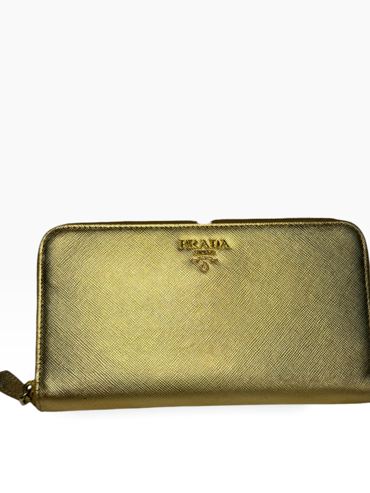 Vintage PRADA Saffiano Metal Oro GOLD Leather Zip Around Long Wallet