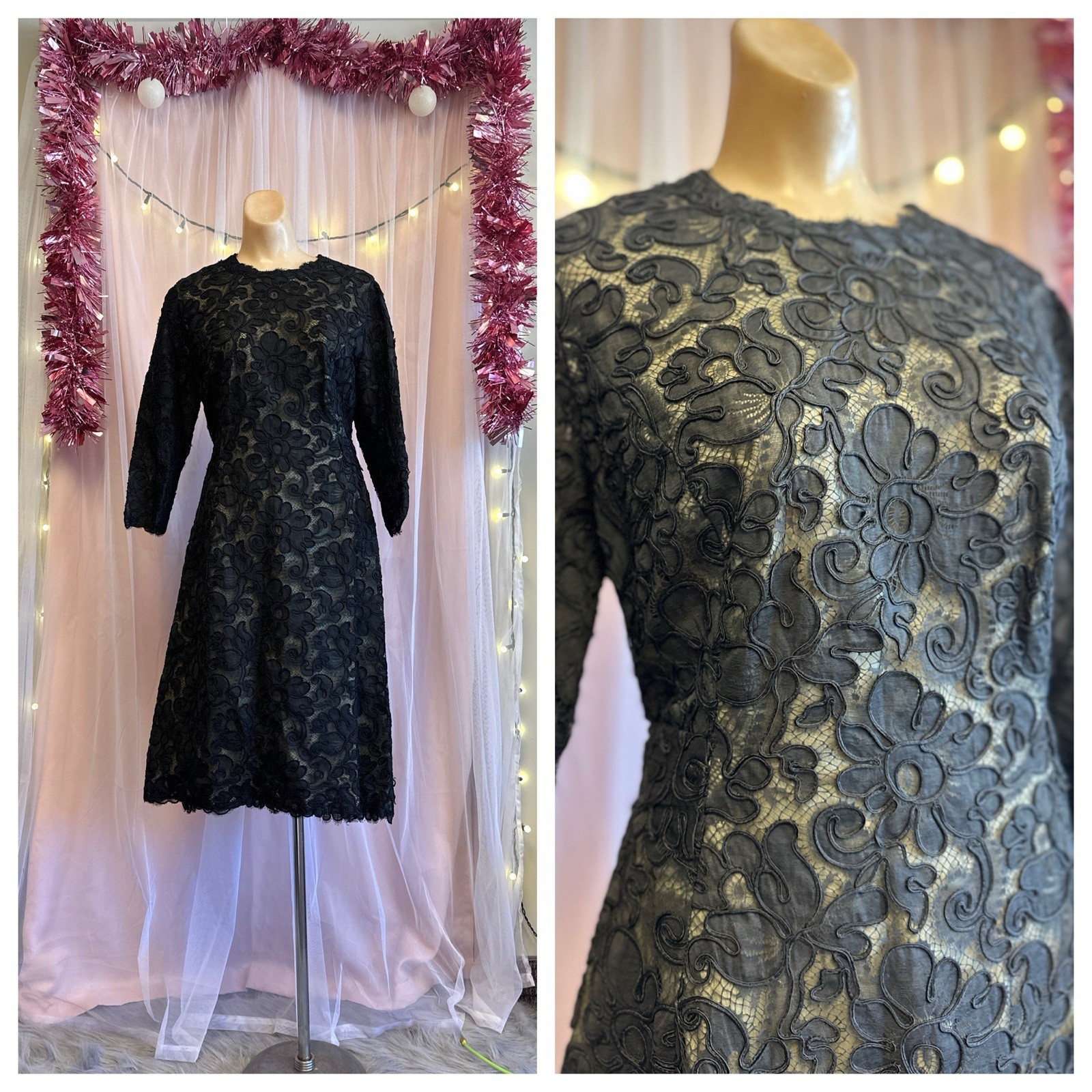 Vintage 60s Black Lace Mini Cocktail Dress Nude Illusion Floral Soutache S/M