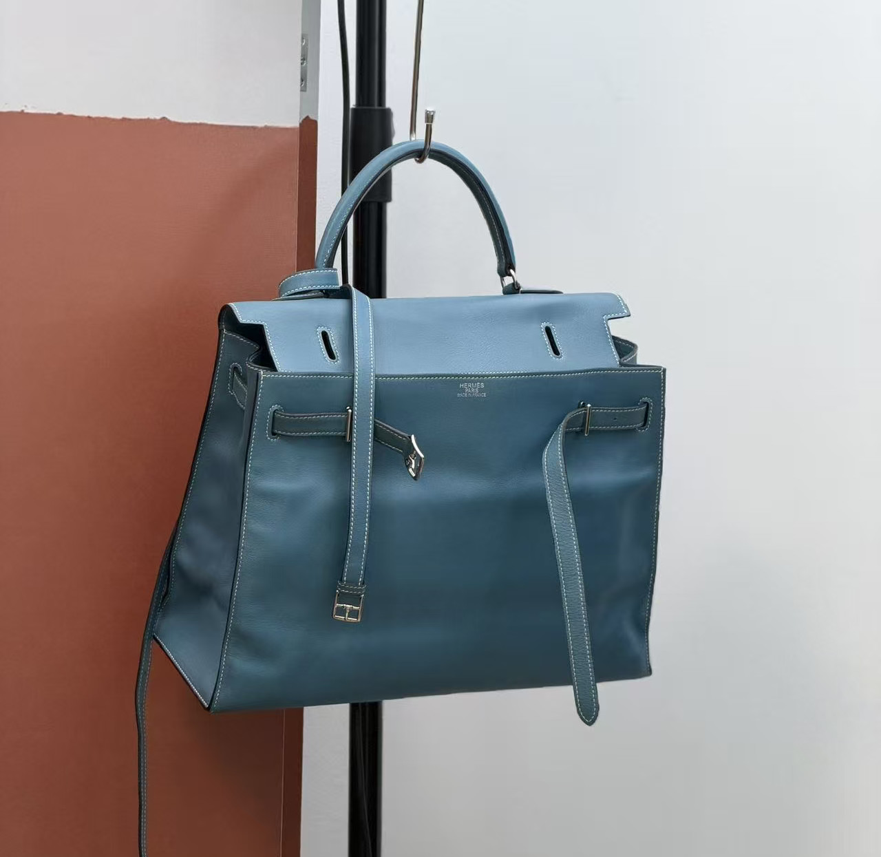 Auth Hermès Kelly Flat 35 Handbag Blue Denim Leather Silver Hardware Vintage/