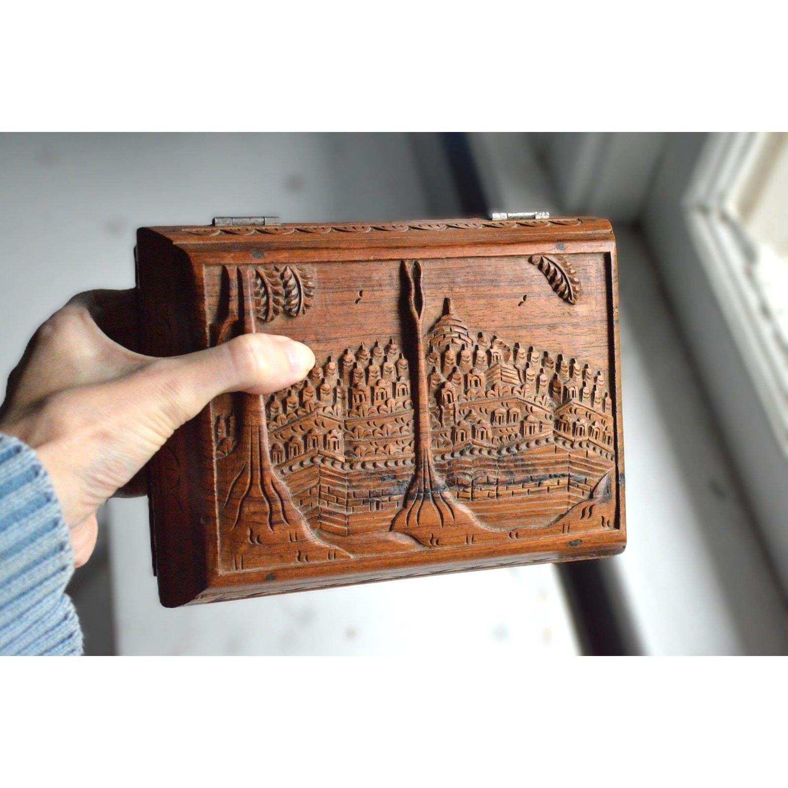 Mid Century Anglo Indian Carved Teak Desk Organizer Writing Box