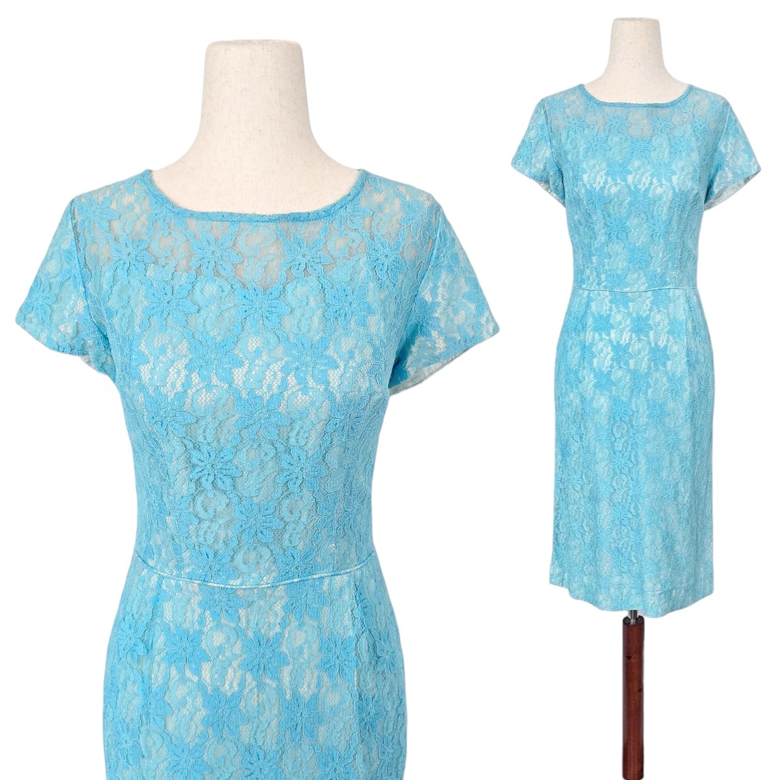 1950s Vintage Dress 50s Lace Wiggle Sheath Cocktail Blue Hourglass ILGWU Small