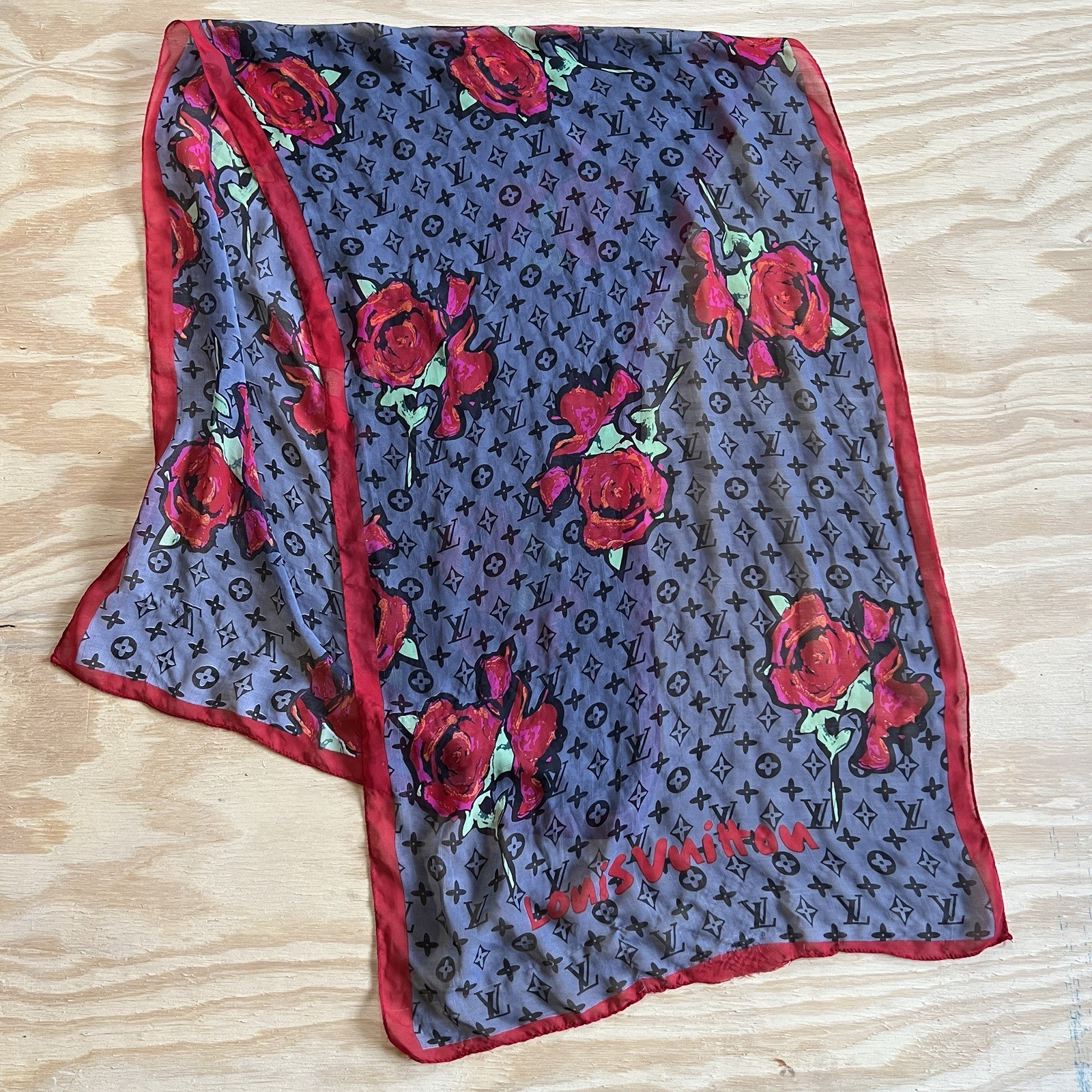 2008 Louis Vuitton Vintage Silk Roses Graffiti Scarf Well Worn Personal Fav