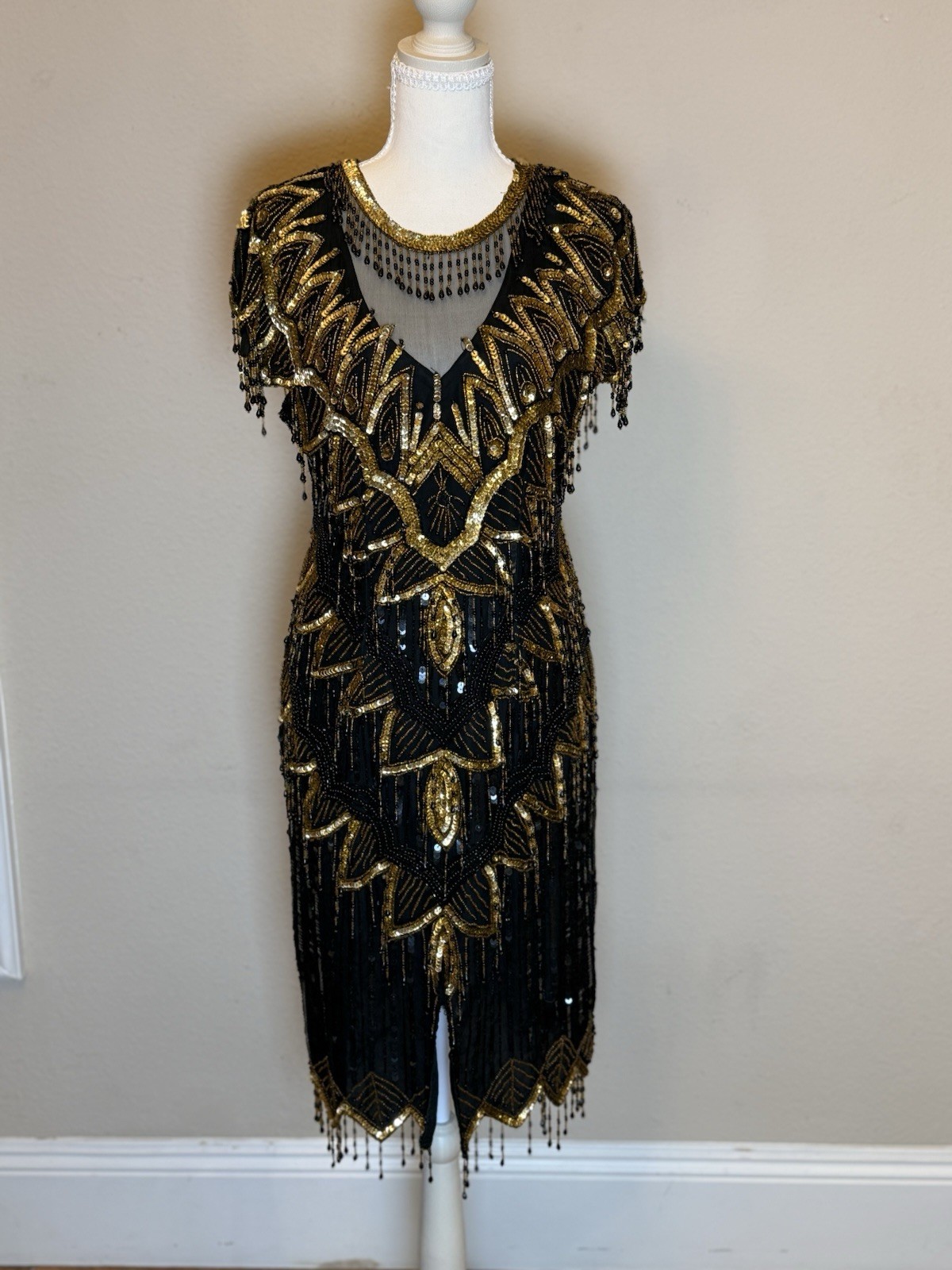 Vtg Art Deco Beaded Cocktail Dress Black Gold Sequin Flapper Fringe Gatsby