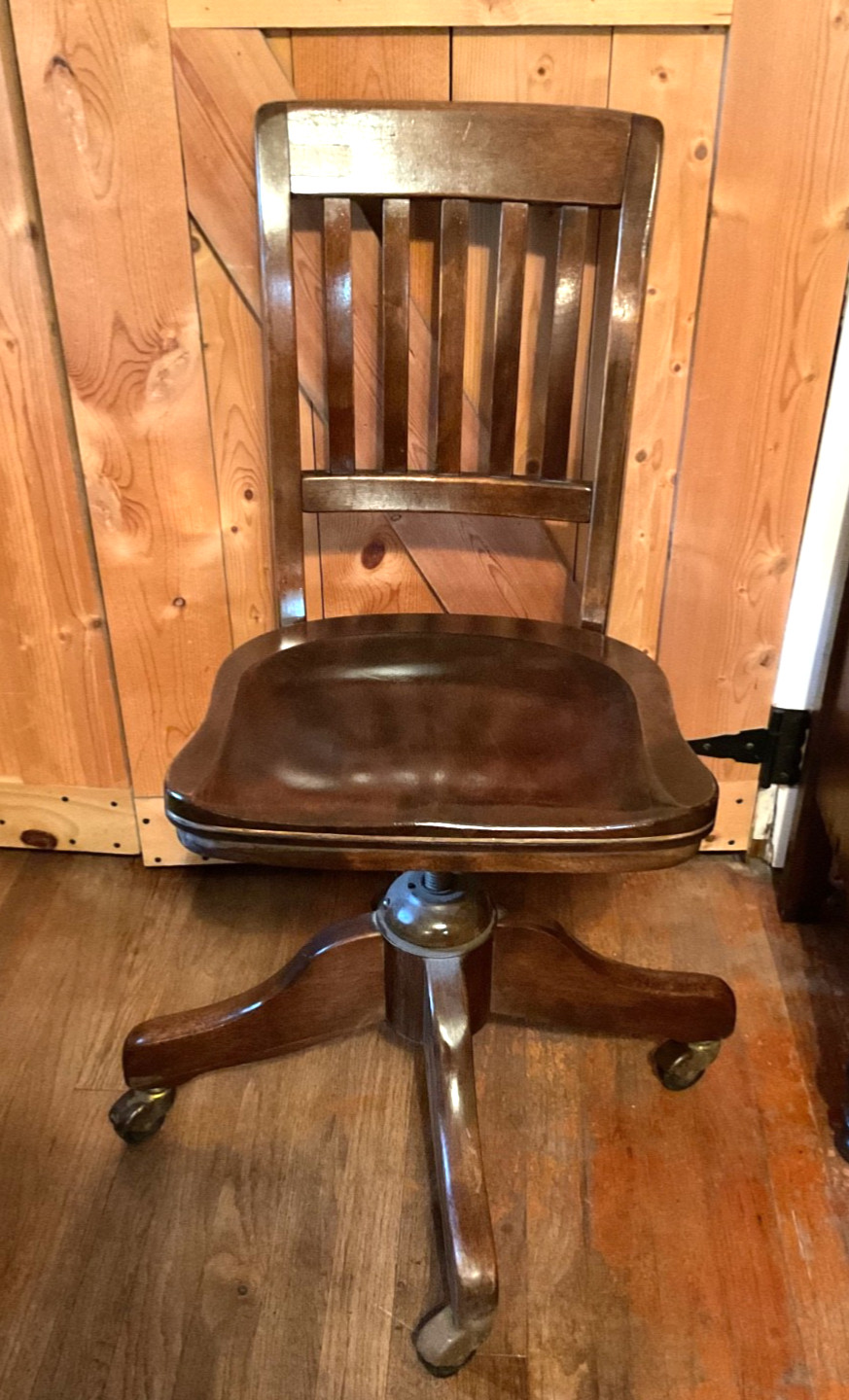 Antique Vintage Solid Oak Wood Swivel Desk Chair Bankers Office Cast Iron Base