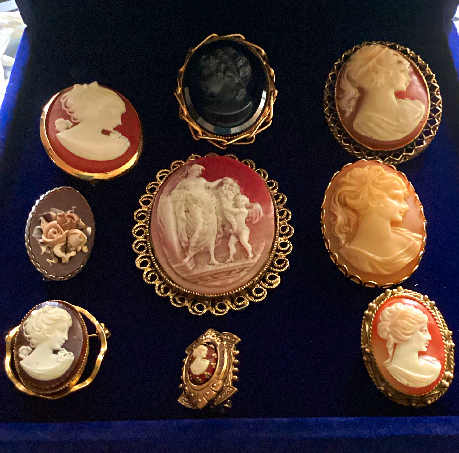 Vintage Cameo Brooch Lot of 9 Oval Gold Tone Assorted Designs Pink White