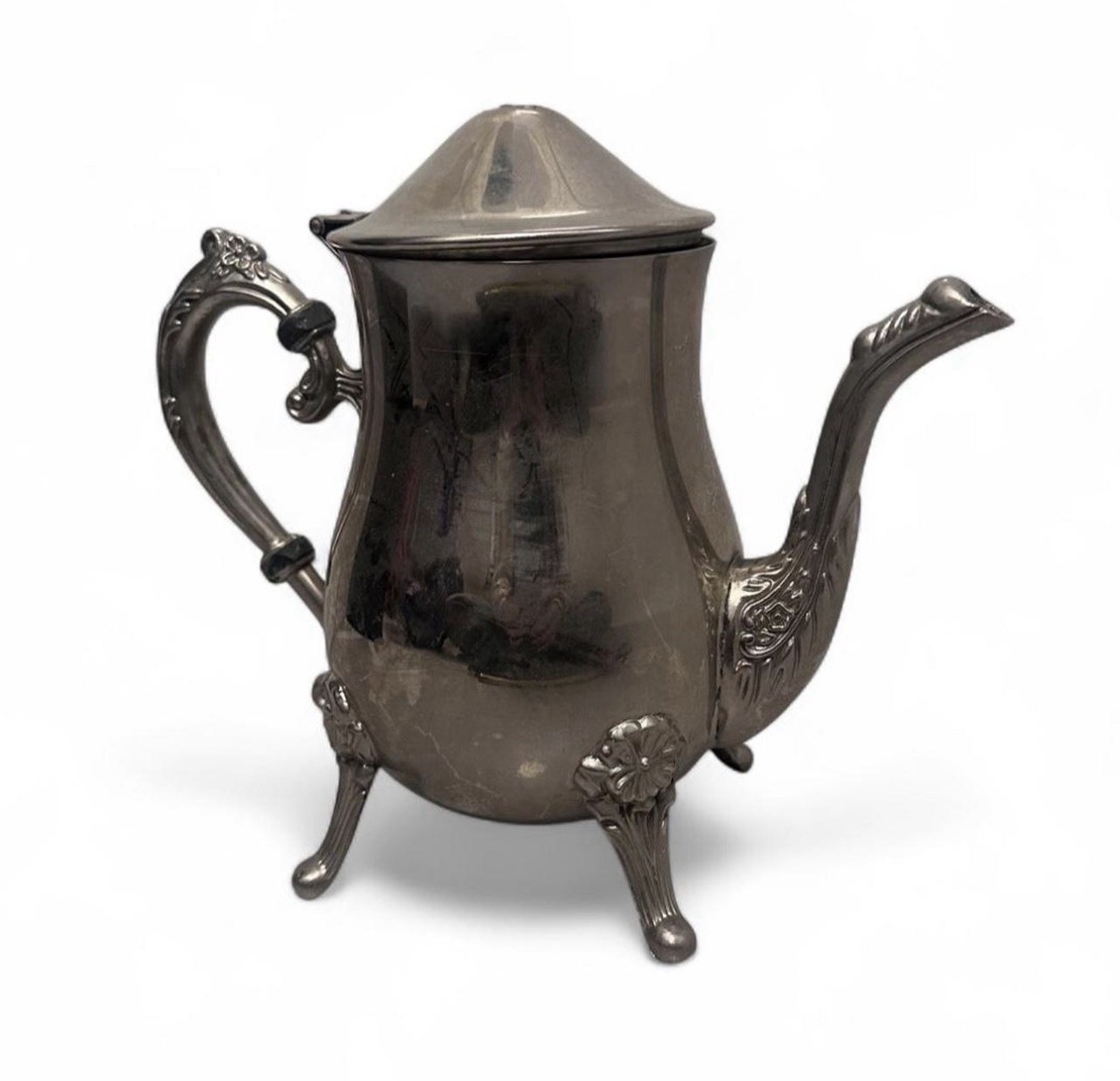 Vintage Silver-Plated Coffee Tea Pot Ornate Floral Detail Mid-Century Teapot