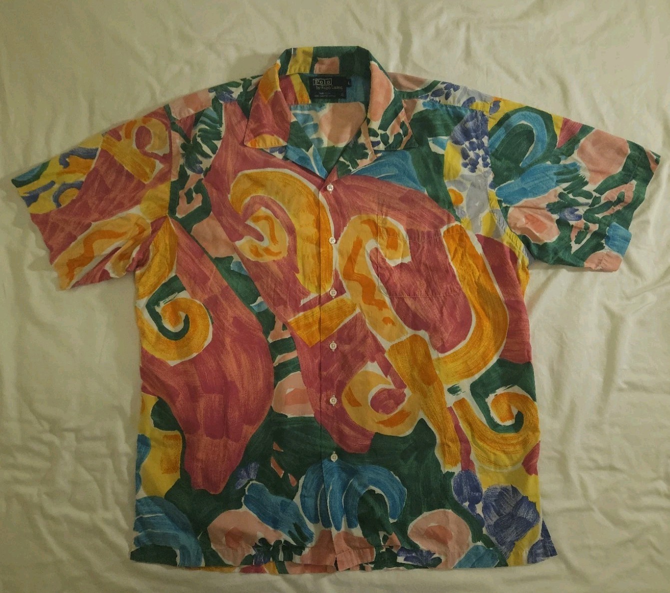Vintage Polo Ralph Lauren Paint Stroke Camp Collar Shirt Made In USA Men's L