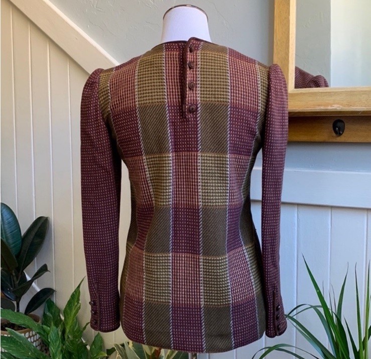 Vintage Valentino Boutique Blouse Sz 6 Italy Puff Shoulder Geometric Plaid 80s
