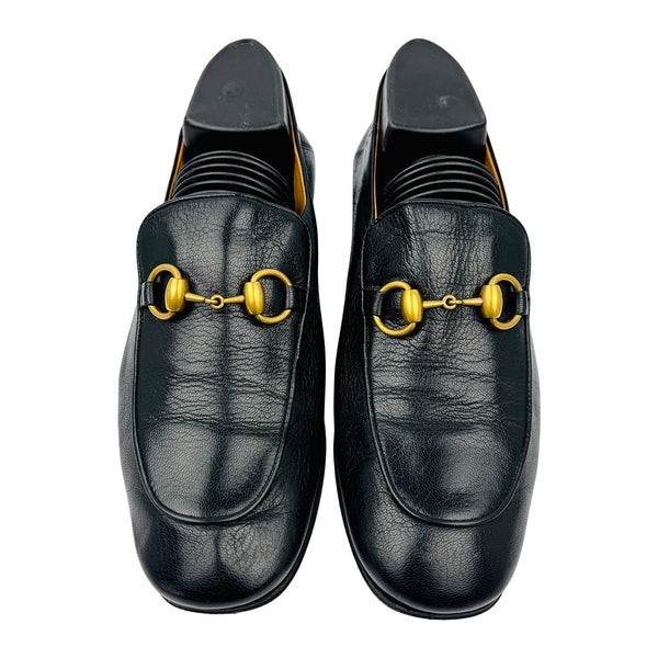 Vintage GUCCI Black Antique-Gold Horsebit Leather Loafers size EU 37.5 /US 7.5